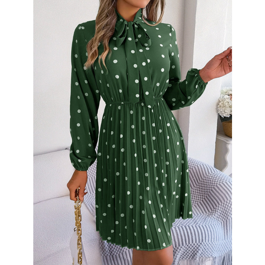 Polka Dot Tie Neck Pleated Dress Green / S Apparel and Accessories