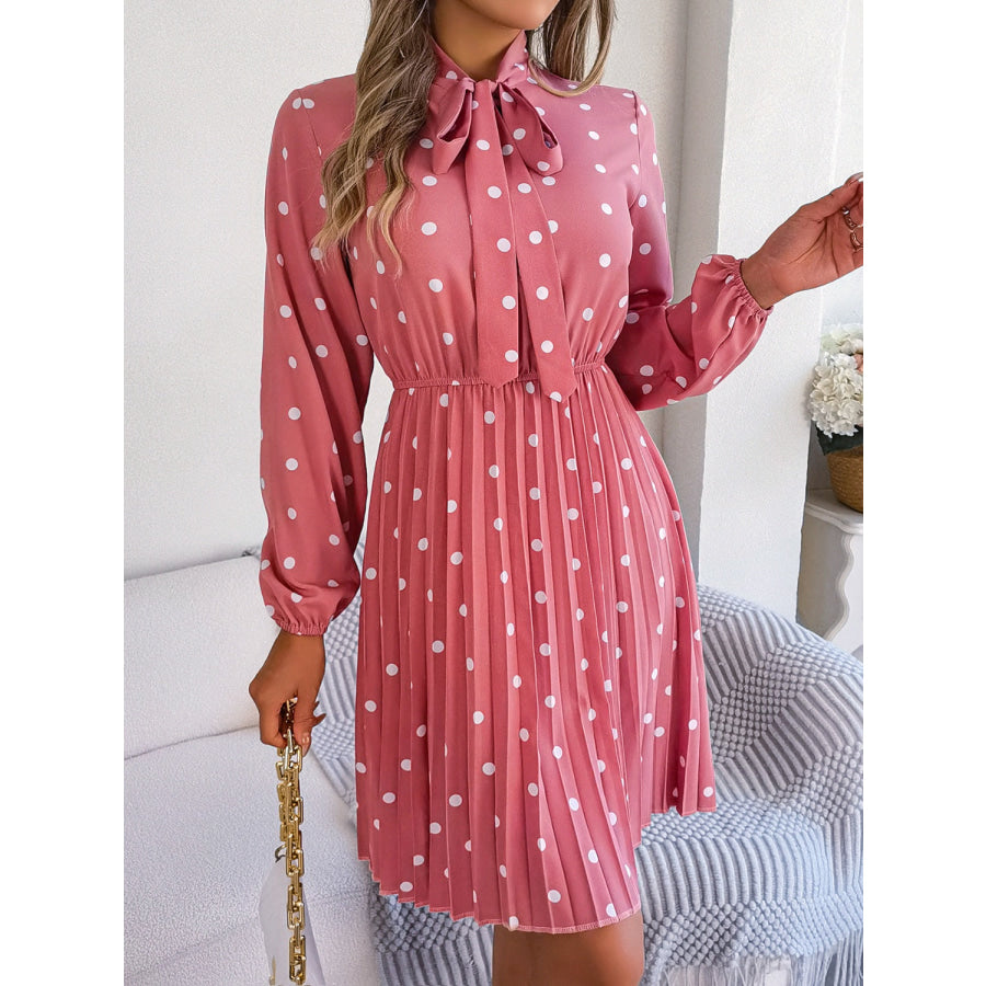 Polka Dot Tie Neck Pleated Dress Strawberry / S Apparel and Accessories