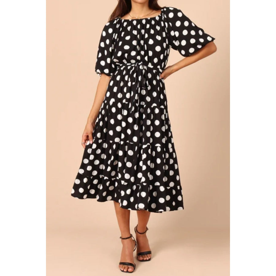 Polka Dot Tie Waist Midi Dress Black / S