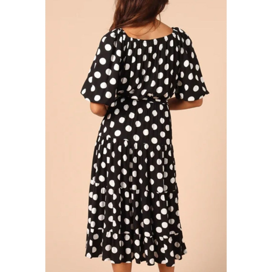 Polka Dot Tie Waist Midi Dress Black / S