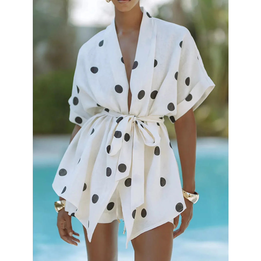 Polka Dot Tie Waist Top and Shorts Set White / S Apparel and Accessories