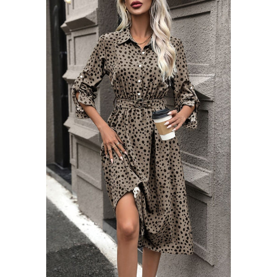 Polka Dot Tied Button Up Dress Clothing