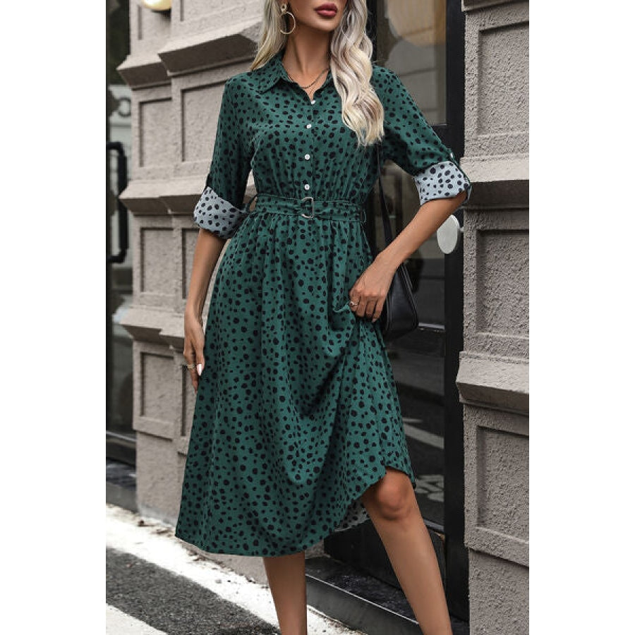 Polka Dot Tied Button Up Dress Clothing