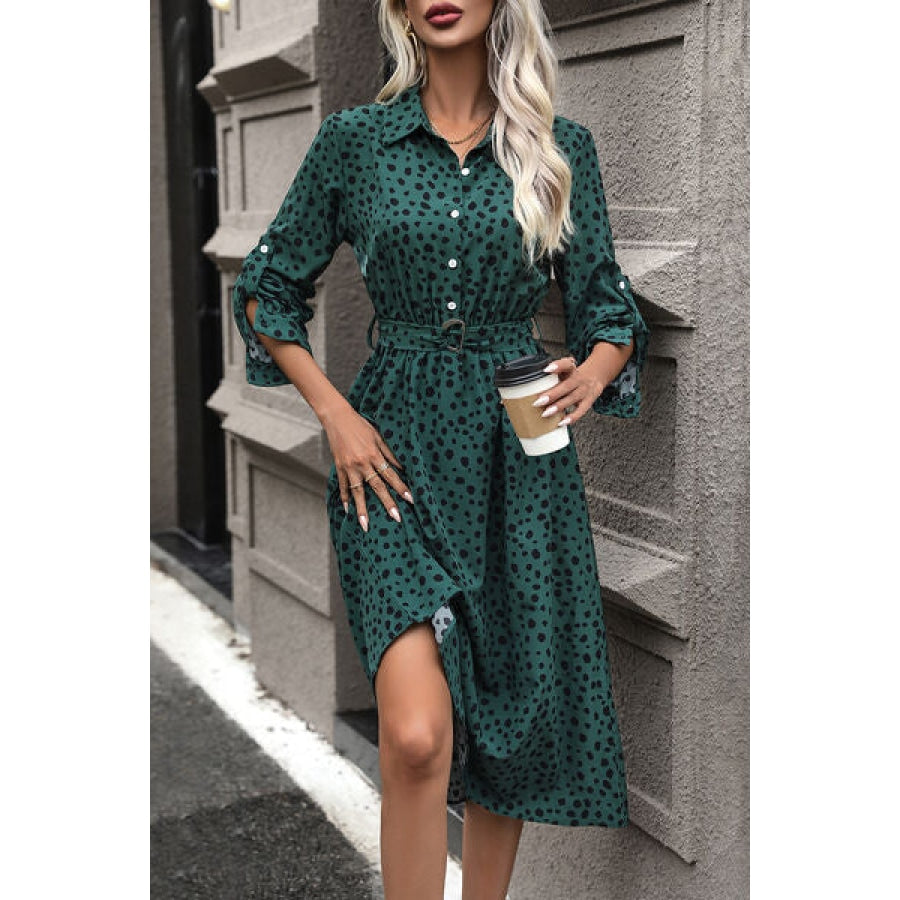 Polka Dot Tied Button Up Dress Clothing