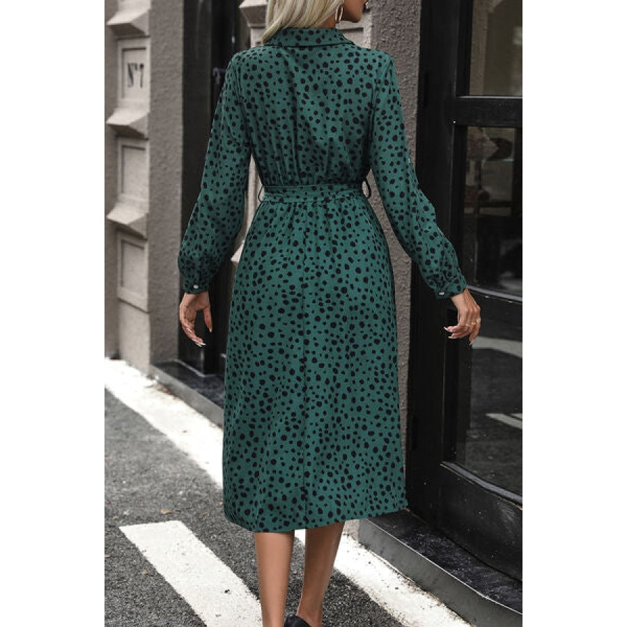 Polka Dot Tied Button Up Dress Green / S Clothing