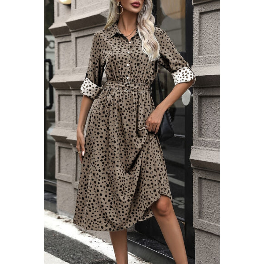 Polka Dot Tied Button Up Dress Clothing