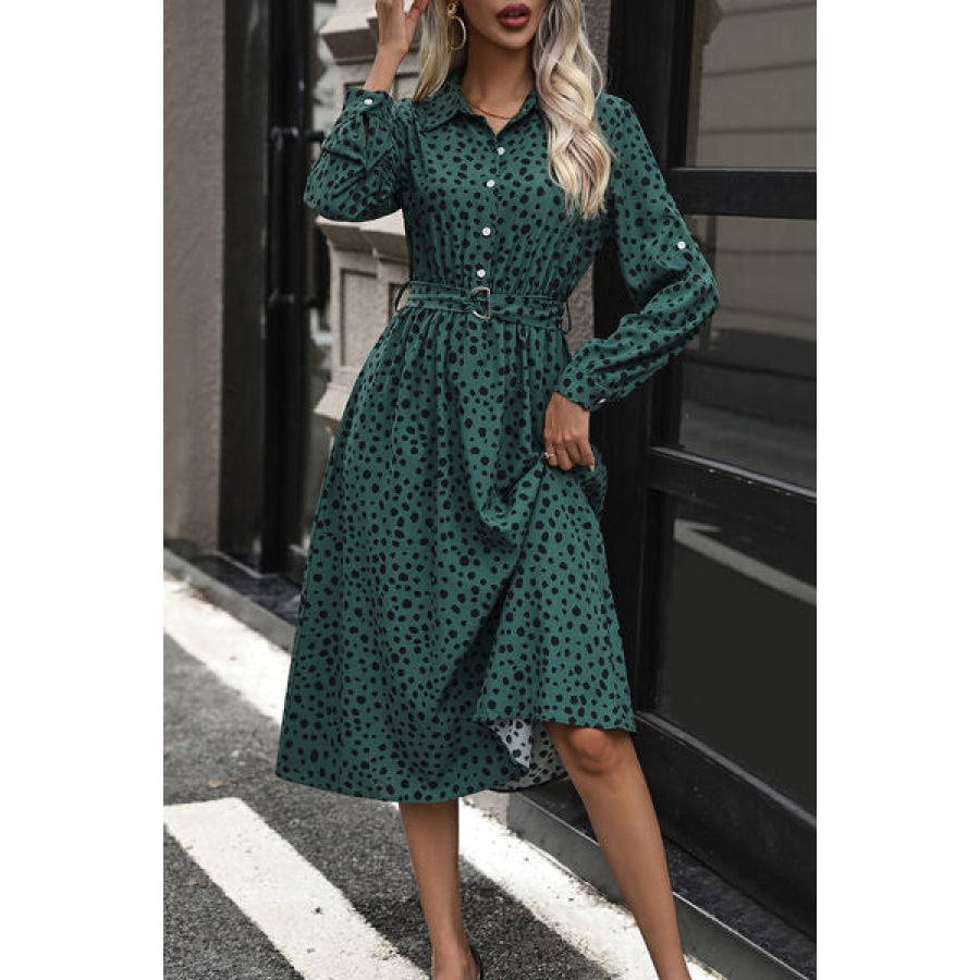 Polka Dot Tied Button Up Dress Green / S Clothing