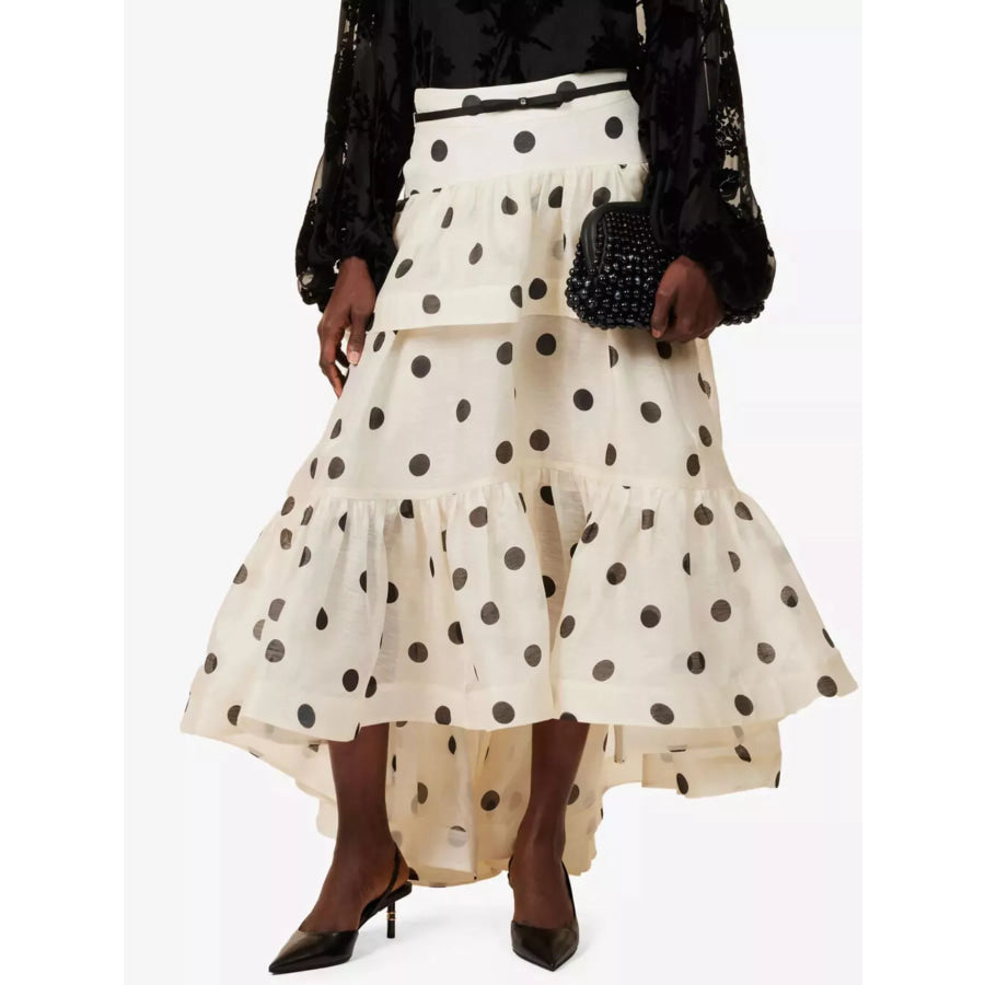 Polka Dot Tiered Ruffle Skirt Beige / S Apparel and Accessories