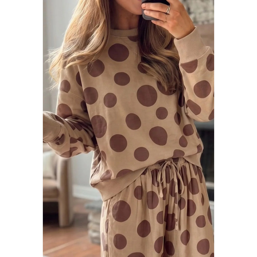 Polka Dot Top and Pants Two-Piece Set Khaki / S Apparel Accessories
