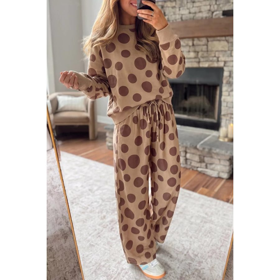 Polka Dot Top and Pants Two-Piece Set Khaki / S Apparel Accessories