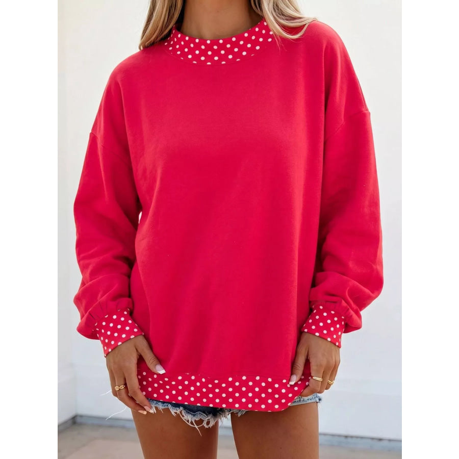 Polka Dot Trim Contrast Crew Neck Sweatshirt Apparel and Accessories