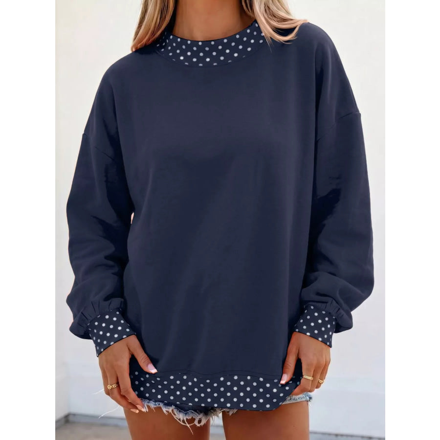 Polka Dot Trim Contrast Crew Neck Sweatshirt Indigo / S Apparel and Accessories