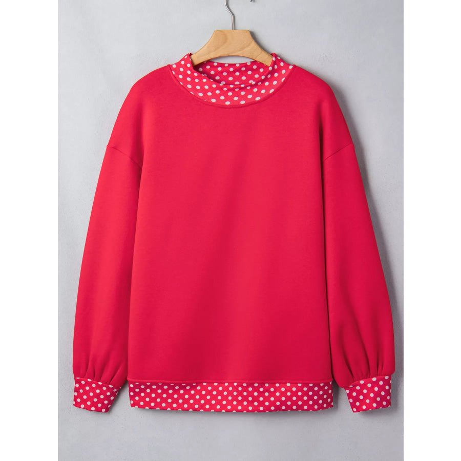 Polka Dot Trim Contrast Crew Neck Sweatshirt Scarlet / S Apparel and Accessories