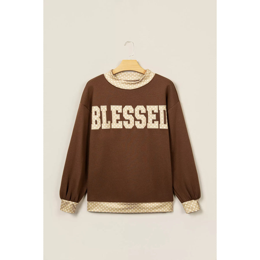 Polka Dot Trim High Neck BLESSED Letter Graphic Baggy Sweatshirt Apparel and Accessories