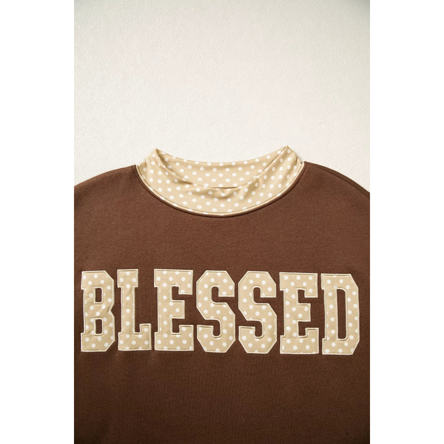 Polka Dot Trim High Neck BLESSED Letter Graphic Baggy Sweatshirt Apparel and Accessories