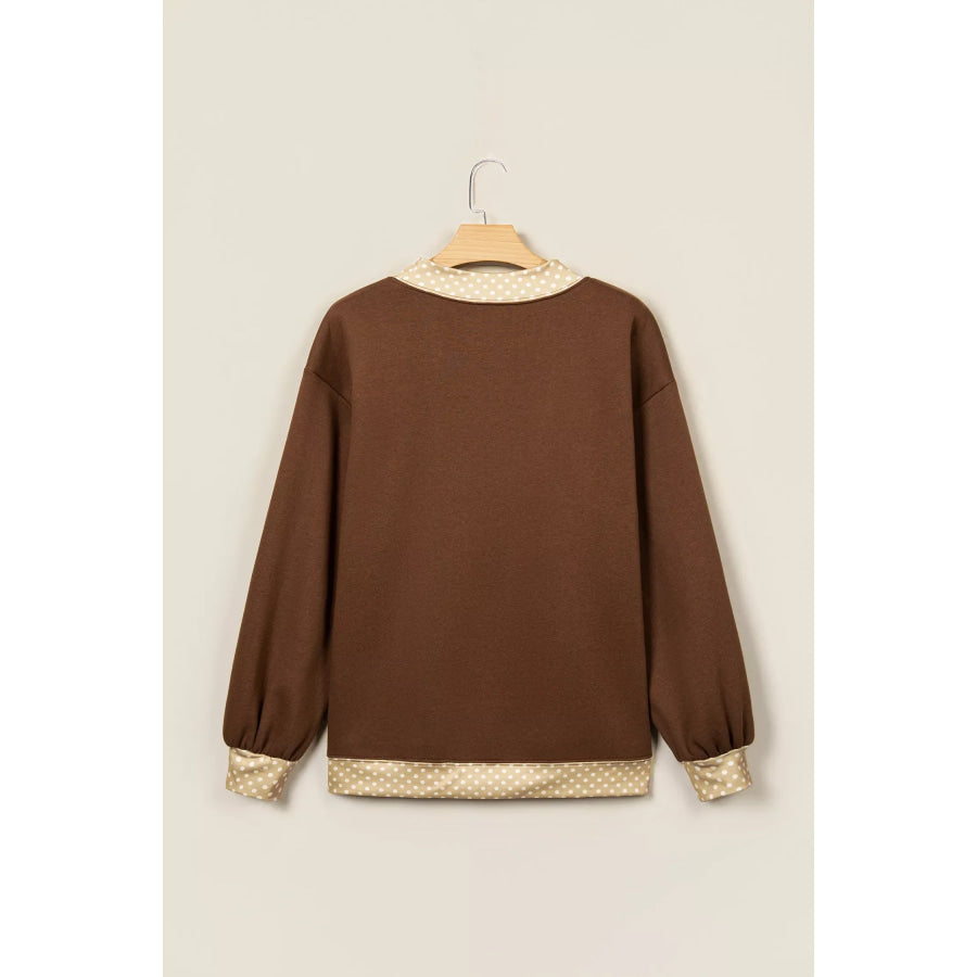 Polka Dot Trim High Neck BLESSED Letter Graphic Baggy Sweatshirt Apparel and Accessories