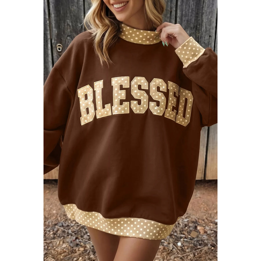 Polka Dot Trim High Neck BLESSED Letter Graphic Baggy Sweatshirt Dark Brown / S Apparel and Accessories