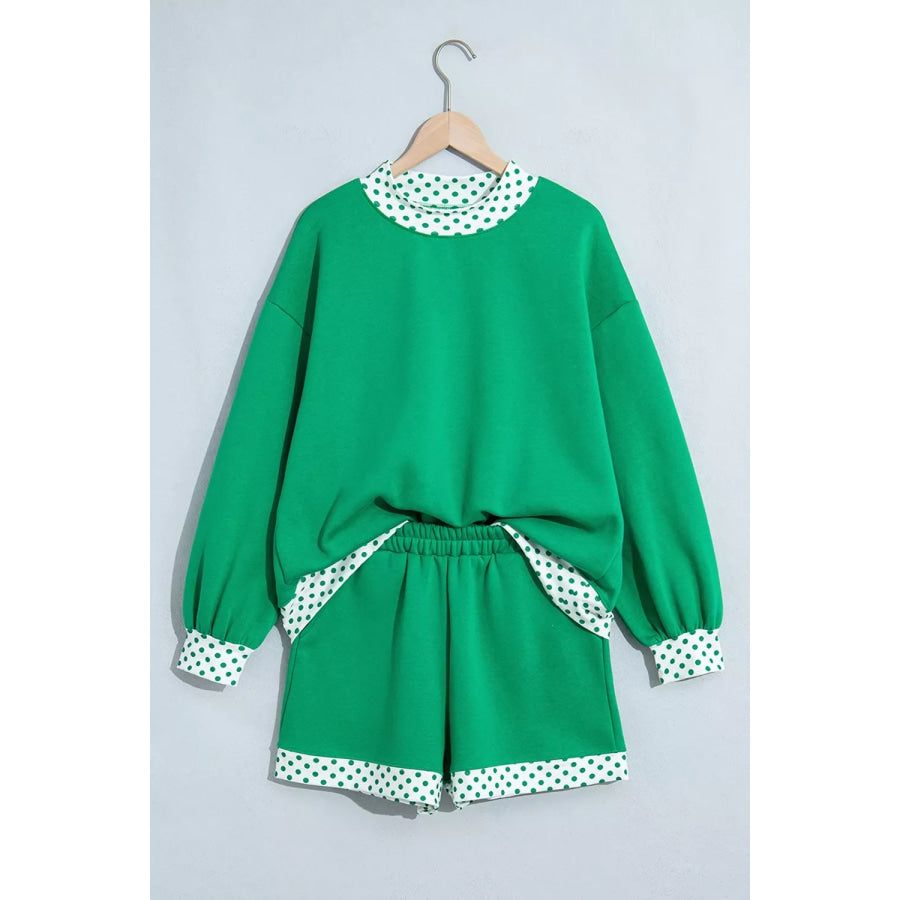 Polka Dot Trim Long Sleeve Sweatshirt and Shorts Set Apparel Accessories