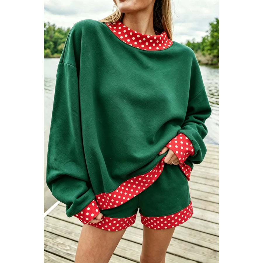 Polka Dot Trim Sweatshirt and Shorts Set Black Forest / S Apparel and Accessories