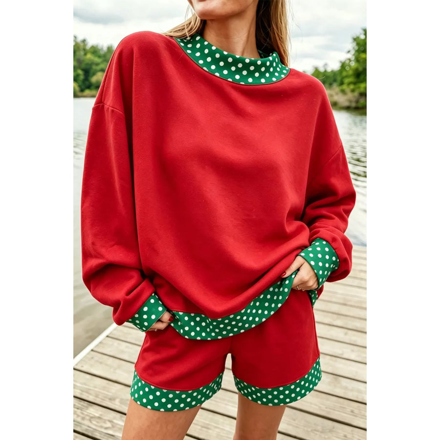 Polka Dot Trim Sweatshirt and Shorts Set Scarlet / S Apparel and Accessories