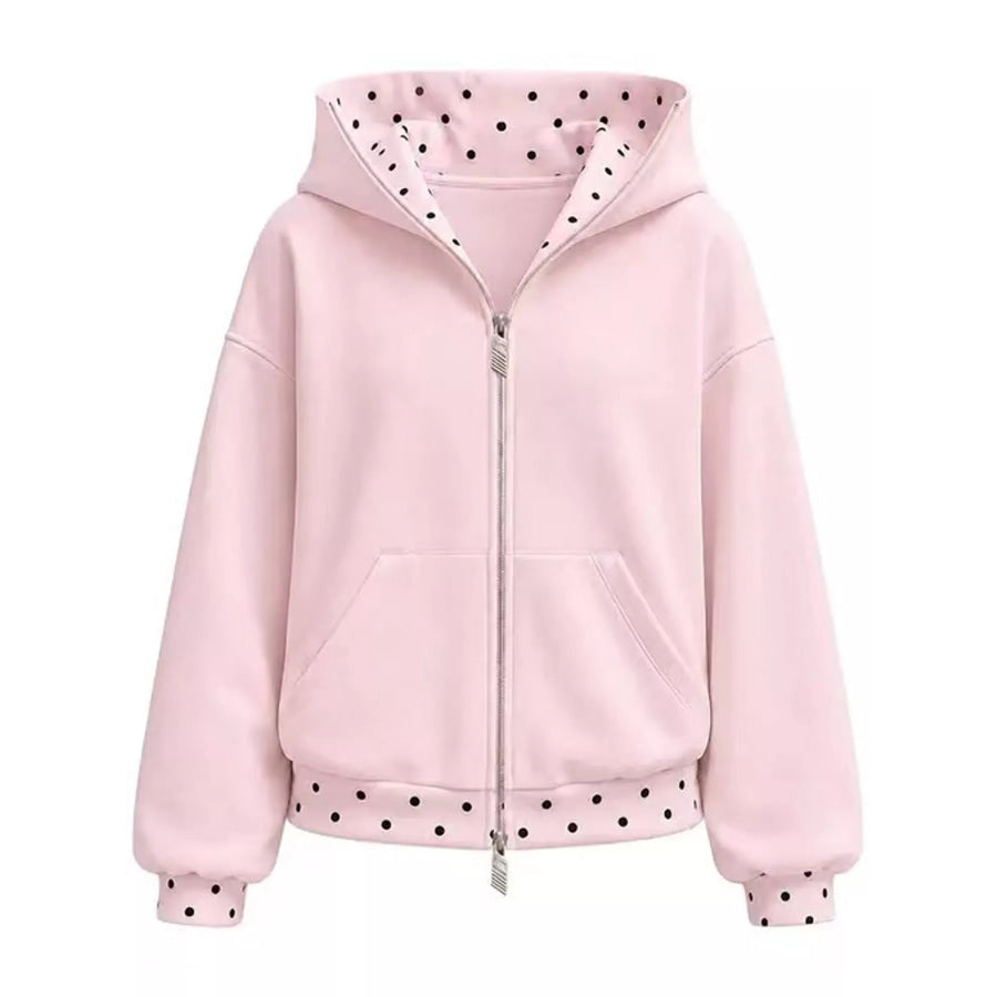 Polka Dot Trim Zip-Up Hoodie and Wide-Leg Sweatpants Set Apparel Accessories