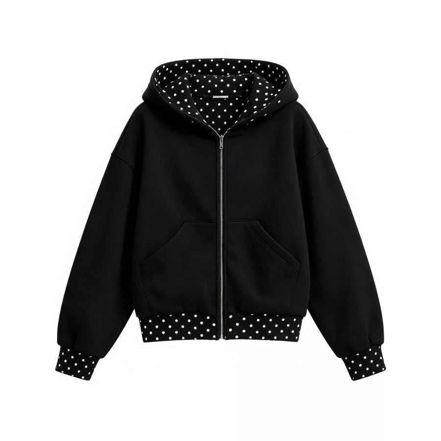 Polka Dot Trim Zip-Up Hoodie and Wide-Leg Sweatpants Set Apparel Accessories
