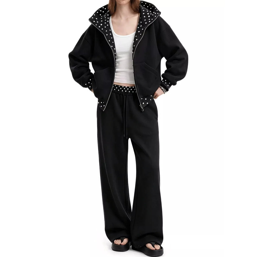 Polka Dot Trim Zip-Up Hoodie and Wide-Leg Sweatpants Set Black-Zip-Up / S Apparel Accessories