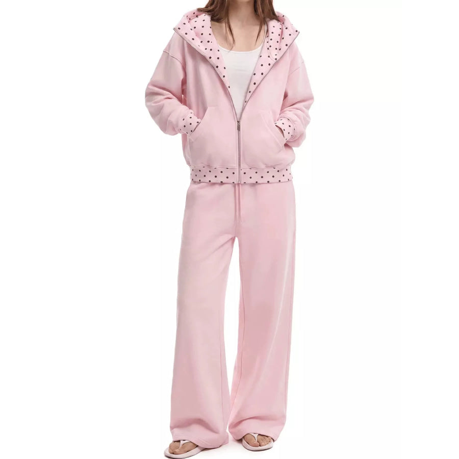 Polka Dot Trim Zip-Up Hoodie and Wide-Leg Sweatpants Set Pink-Zip-Up / S Apparel Accessories