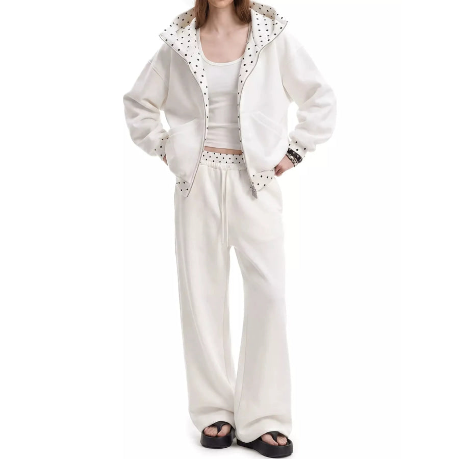 Polka Dot Trim Zip-Up Hoodie and Wide-Leg Sweatpants Set White-Zip-Up / S Apparel Accessories