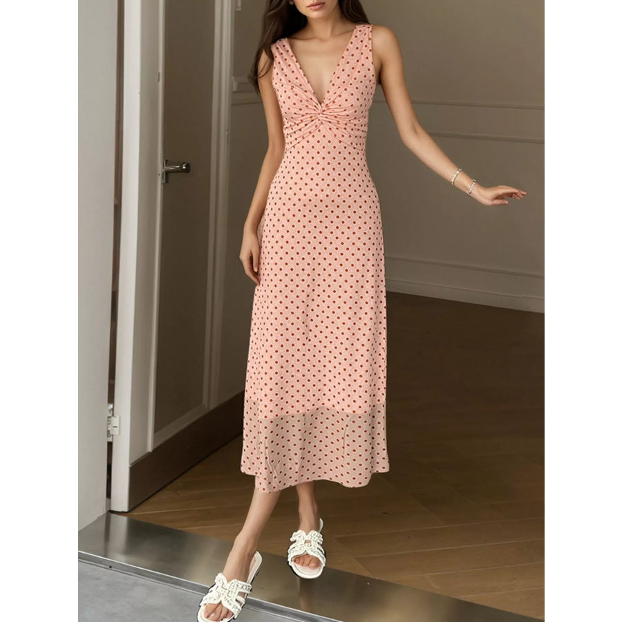 Polka Dot Twist-Front Sleeveless Maxi Dress Apparel and Accessories