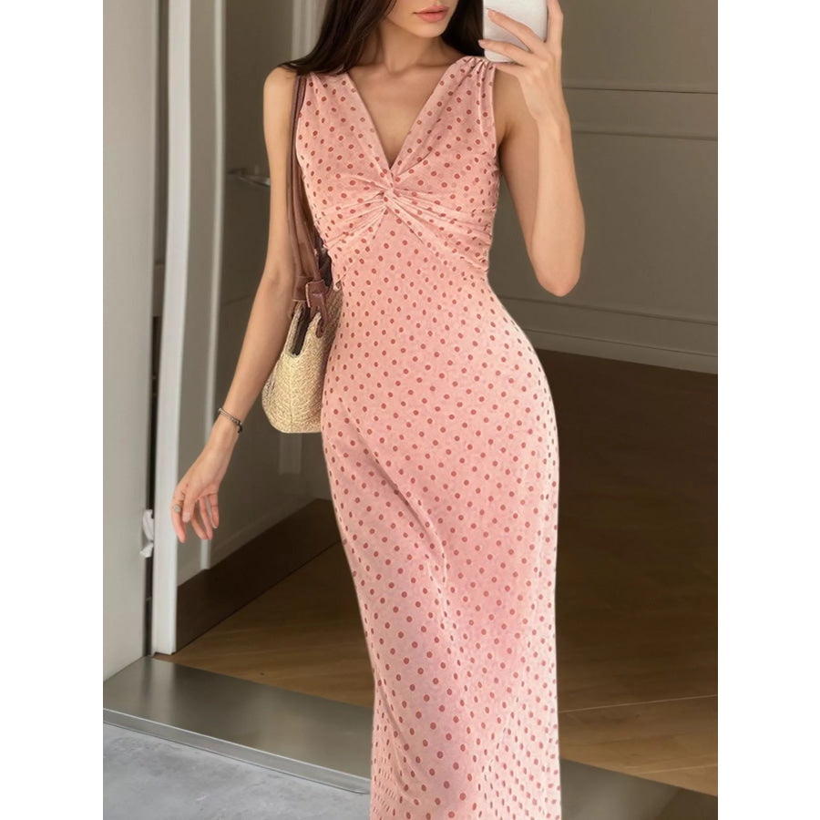 Polka Dot Twist-Front Sleeveless Maxi Dress Apparel and Accessories