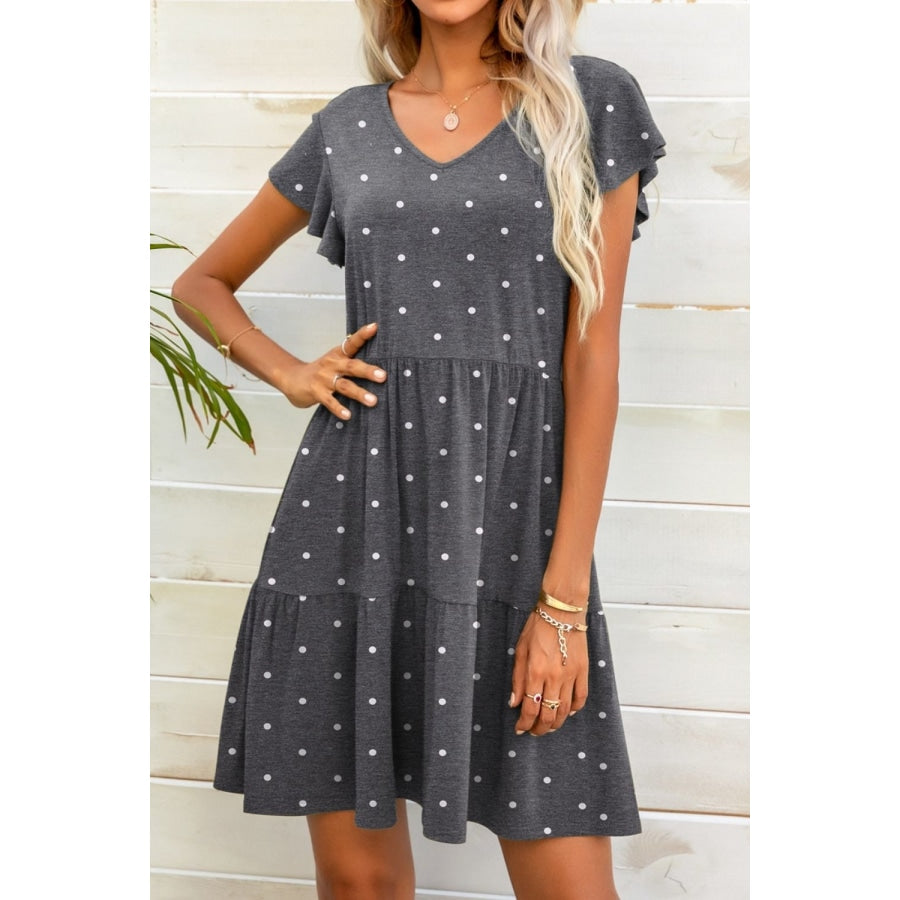 Polka Dot V-Neck Flutter Sleeve Mini Dress Dark Gray / S