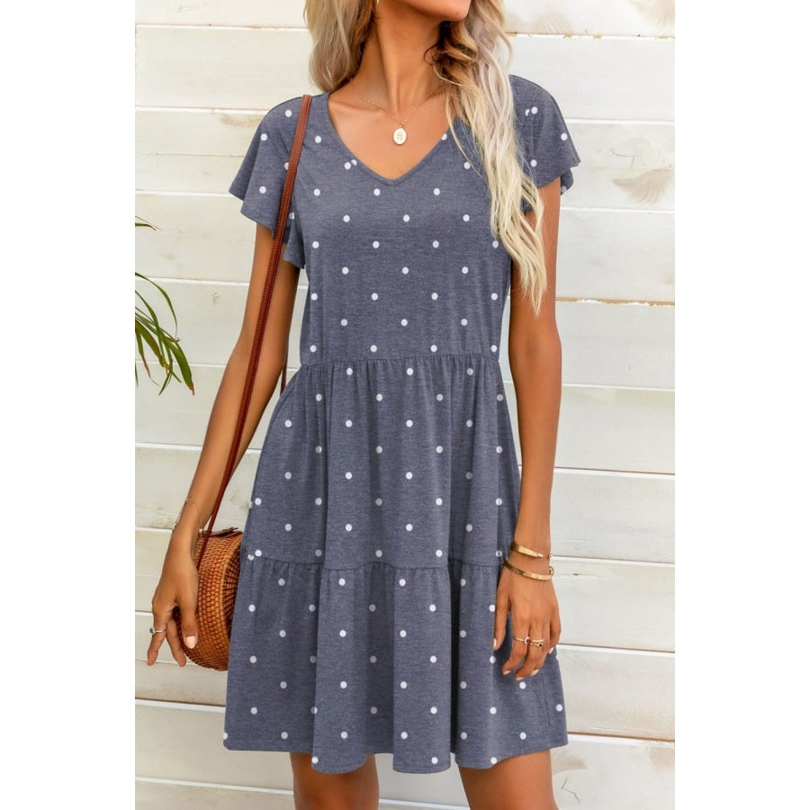 Polka Dot V-Neck Flutter Sleeve Mini Dress French Blue / S