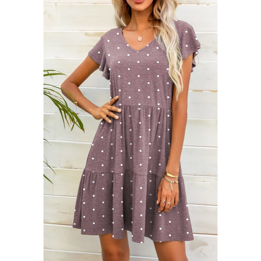 Polka Dot V-Neck Flutter Sleeve Mini Dress Mauve / S