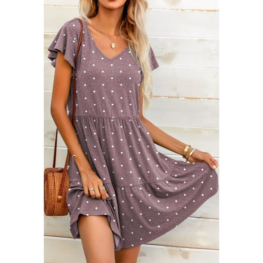 Polka Dot V-Neck Flutter Sleeve Mini Dress