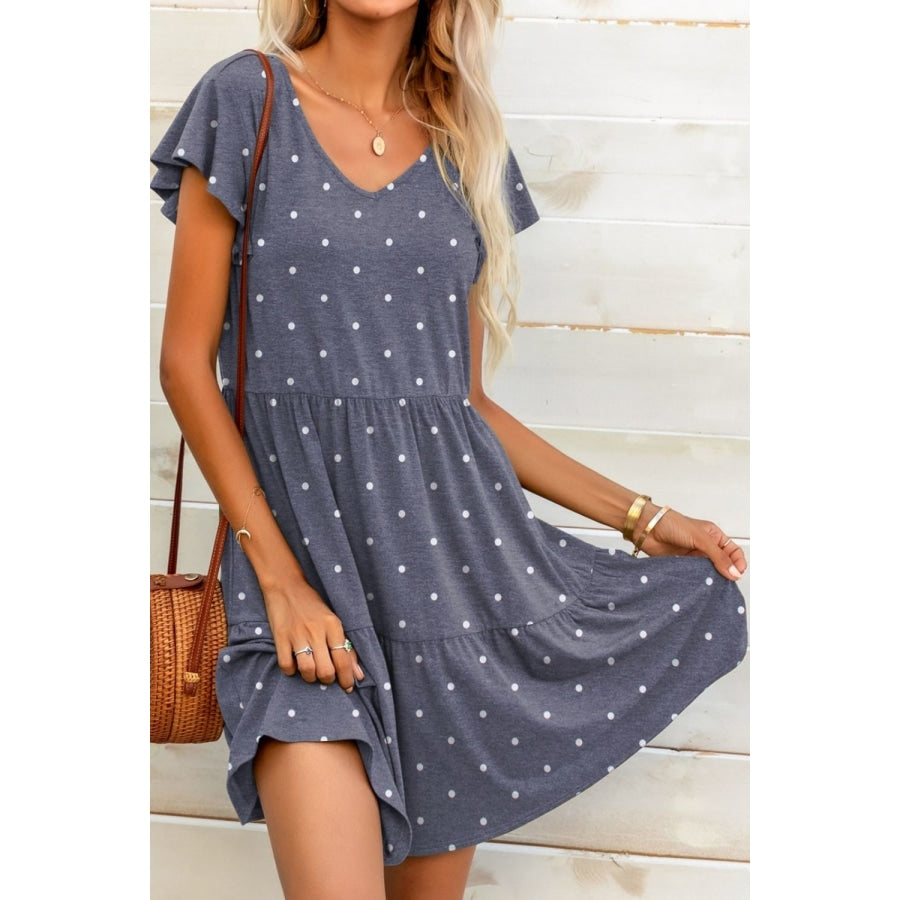 Polka Dot V-Neck Flutter Sleeve Mini Dress