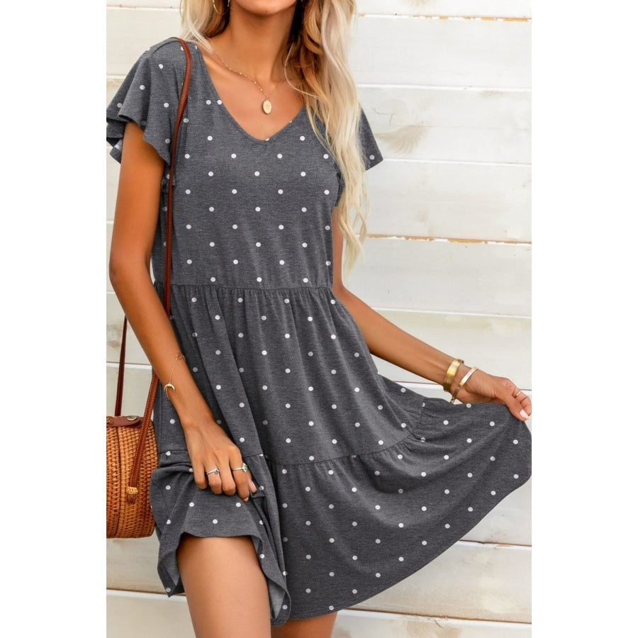 Polka Dot V-Neck Flutter Sleeve Mini Dress