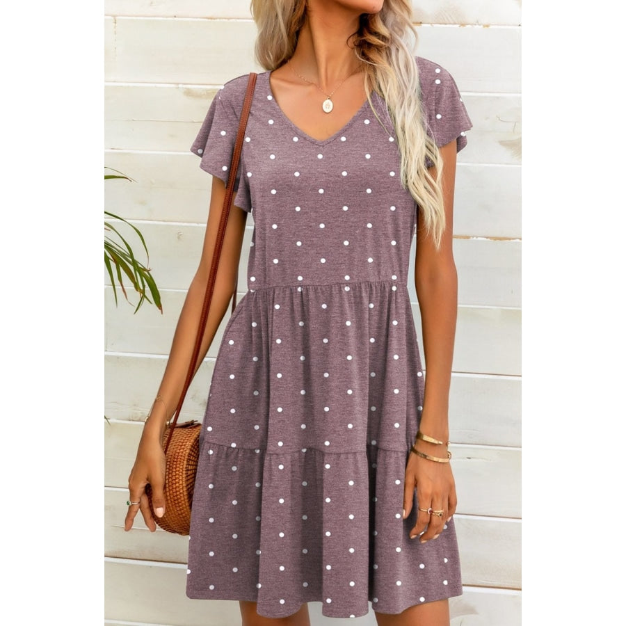 Polka Dot V-Neck Flutter Sleeve Mini Dress