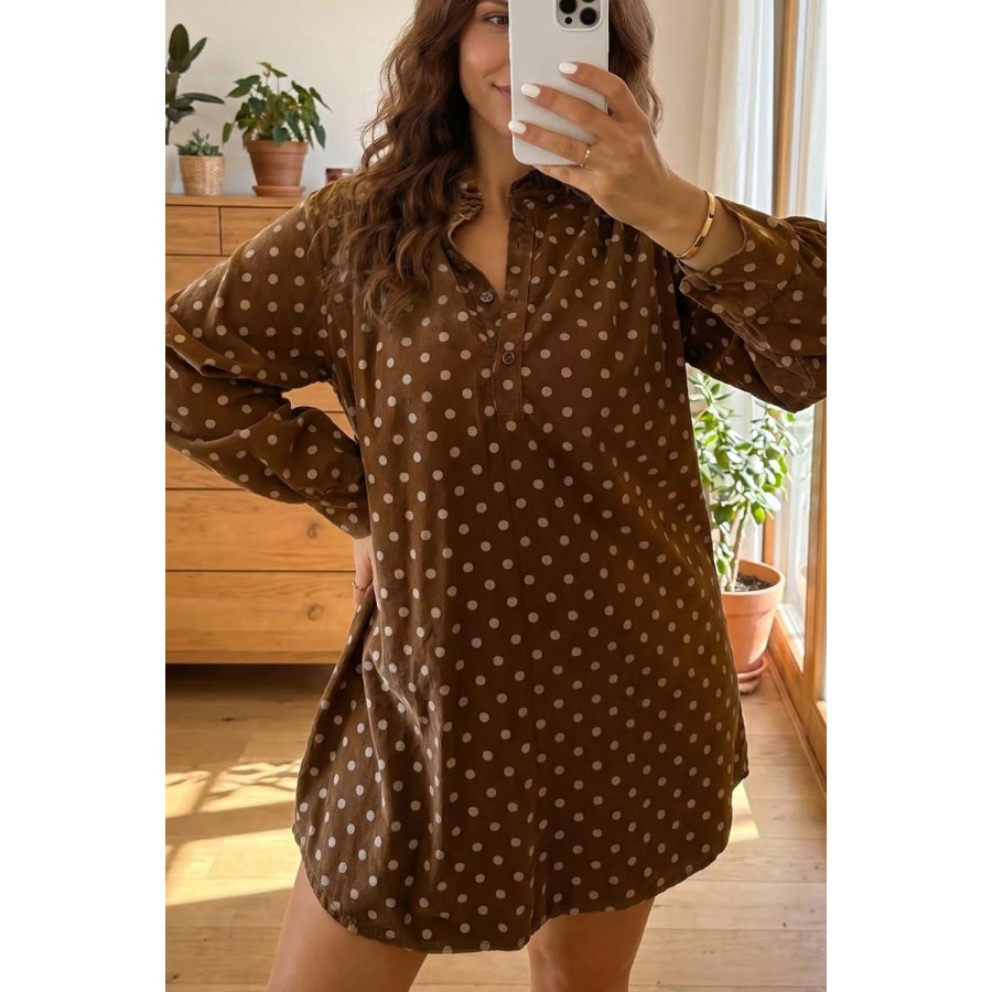 Polka Dot V Neck Long Sleeve Button Shift Dress Apparel and Accessories