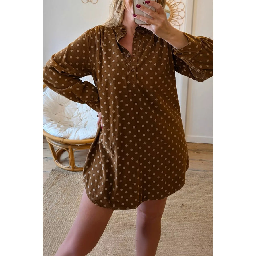 Polka Dot V Neck Long Sleeve Button Shift Dress Apparel and Accessories
