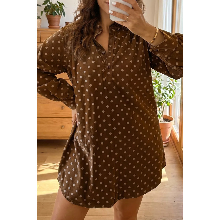Polka Dot V Neck Long Sleeve Button Shift Dress Brown / S Apparel and Accessories
