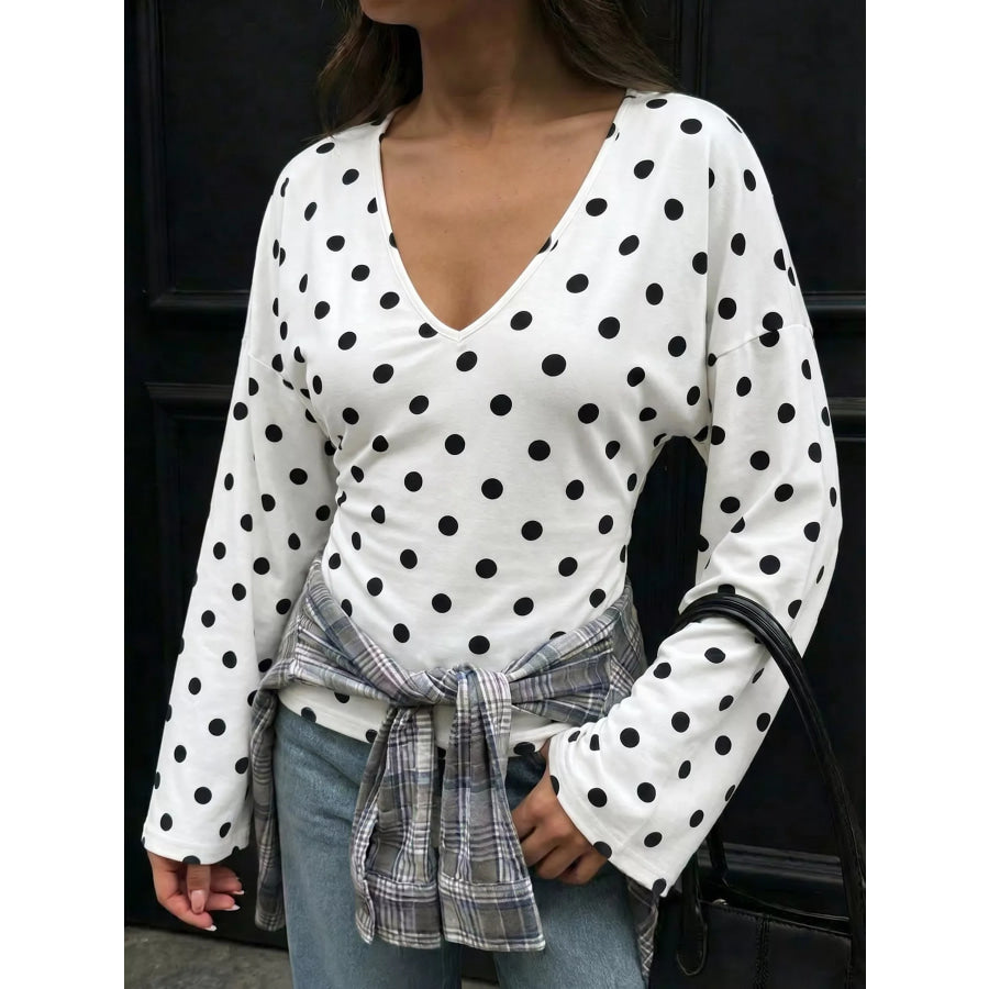 Polka Dot V-Neck Long Sleeve T-Shirt Black / S Apparel and Accessories