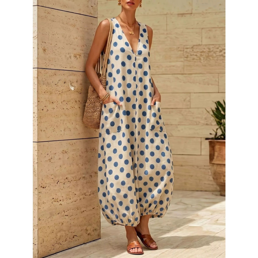 Polka Dot V-Neck Sleeveless Maxi Dress Apparel and Accessories