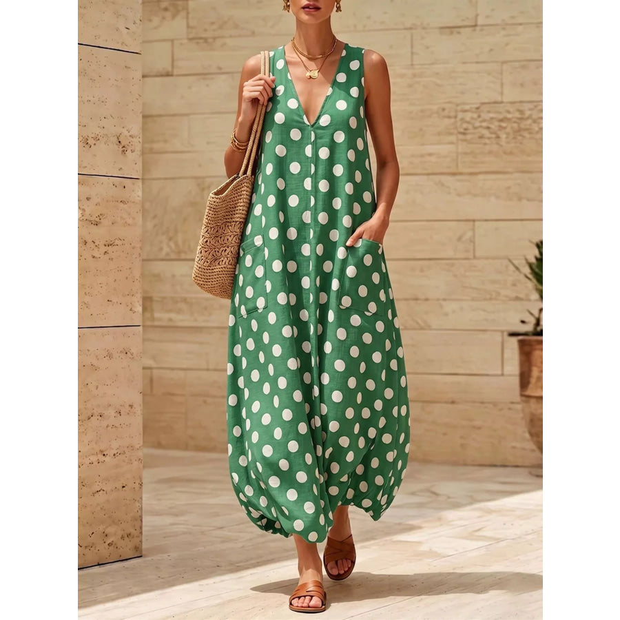 Polka Dot V-Neck Sleeveless Maxi Dress Army Green / S Apparel and Accessories