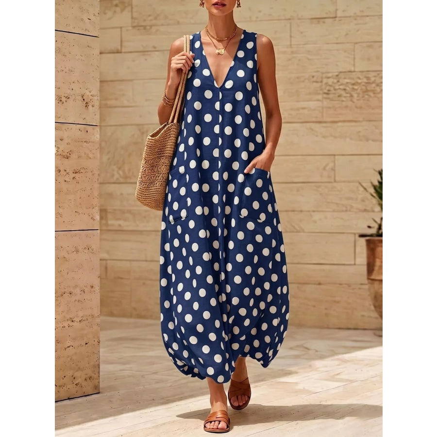 Polka Dot V-Neck Sleeveless Maxi Dress Navy Blue / S Apparel and Accessories