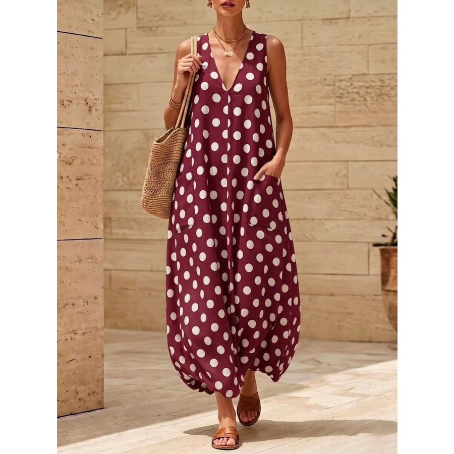 Polka Dot V-Neck Sleeveless Maxi Dress Red / S Apparel and Accessories