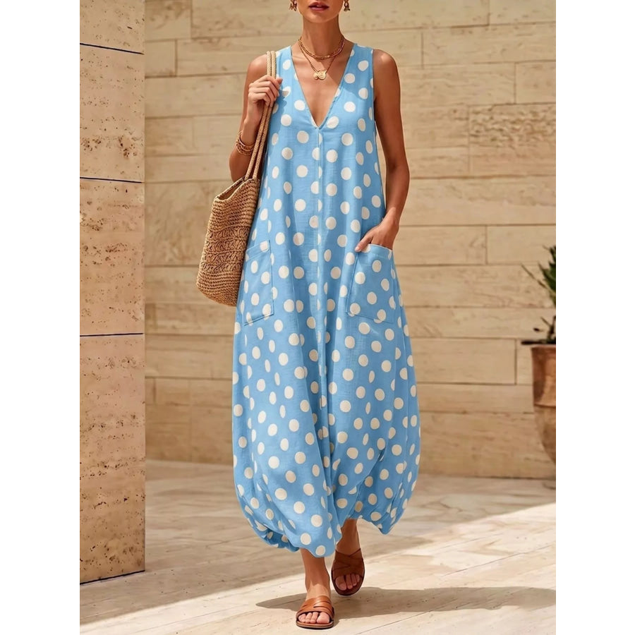 Polka Dot V-Neck Sleeveless Maxi Dress Sky Blue / S Apparel and Accessories