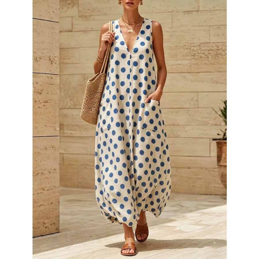 Polka Dot V-Neck Sleeveless Maxi Dress White / S Apparel and Accessories