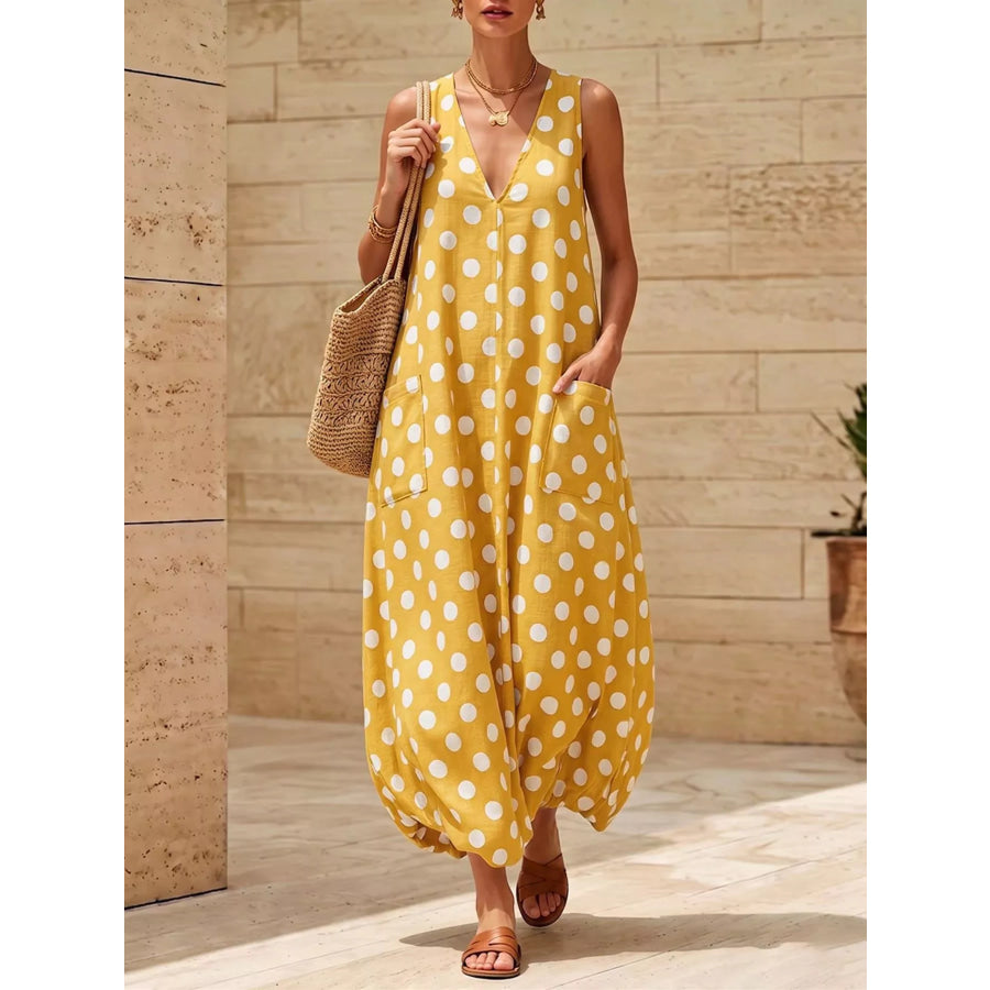 Polka Dot V-Neck Sleeveless Maxi Dress Yellow / S Apparel and Accessories