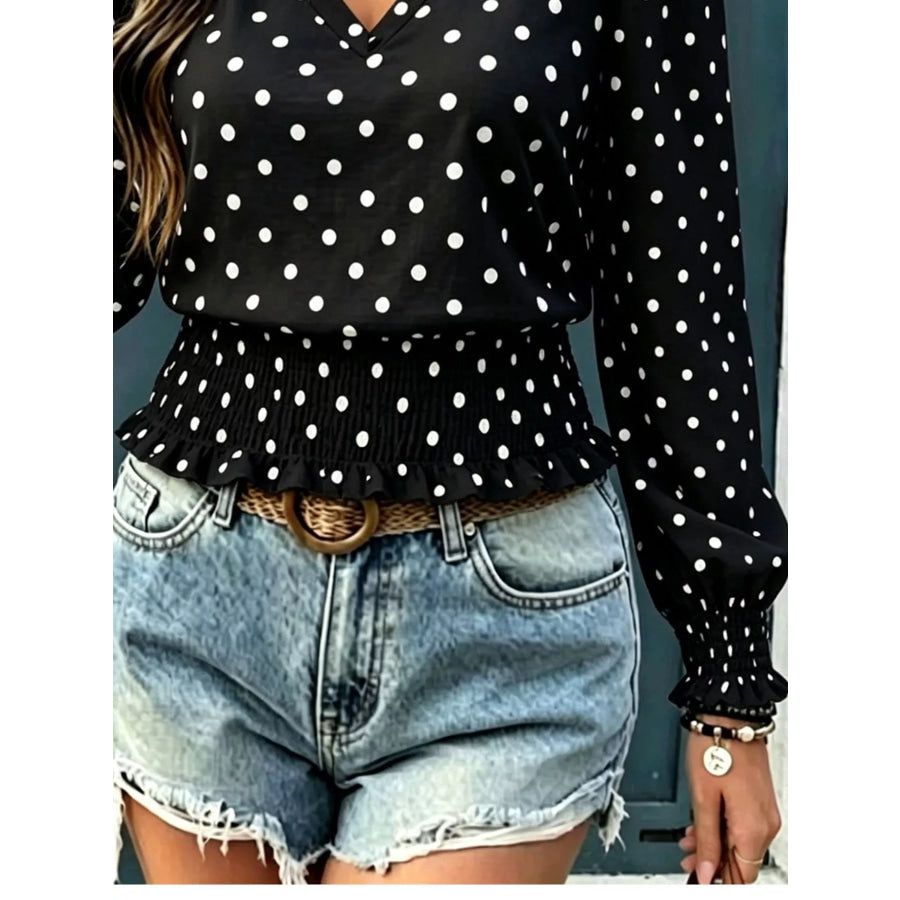 Polka Dot V-Neck Smocked Blouse Apparel and Accessories